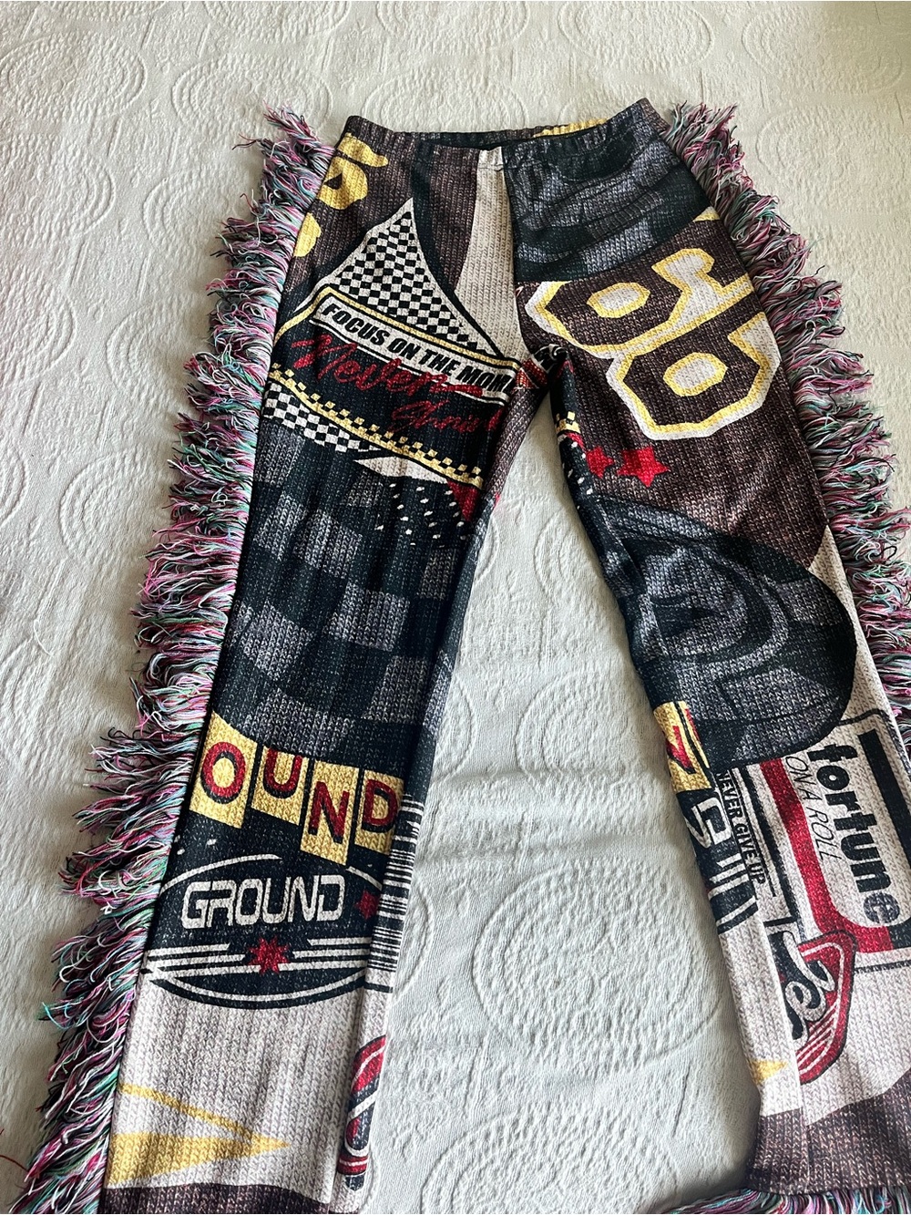 Graphic Patchwork Fringe Pants in Black, Yellow & Red